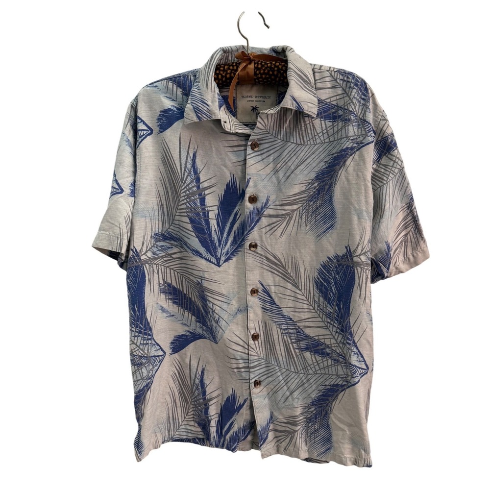 Island Republic Vintage Collection Mens 100% Silk Palm Print Camp Shirt Blue M